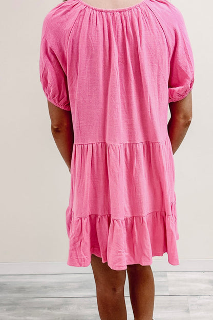 Strawberry Pink Puff Sleeve Swing Dress