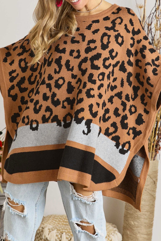 Leopard Print Colorblock Kimono Sleeve Shawl Sweater