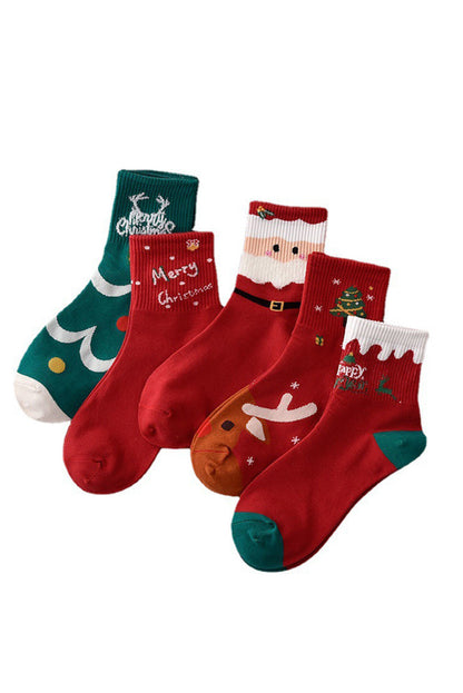 Red 5Pcs Merry Christmas Cartoon Print Socks