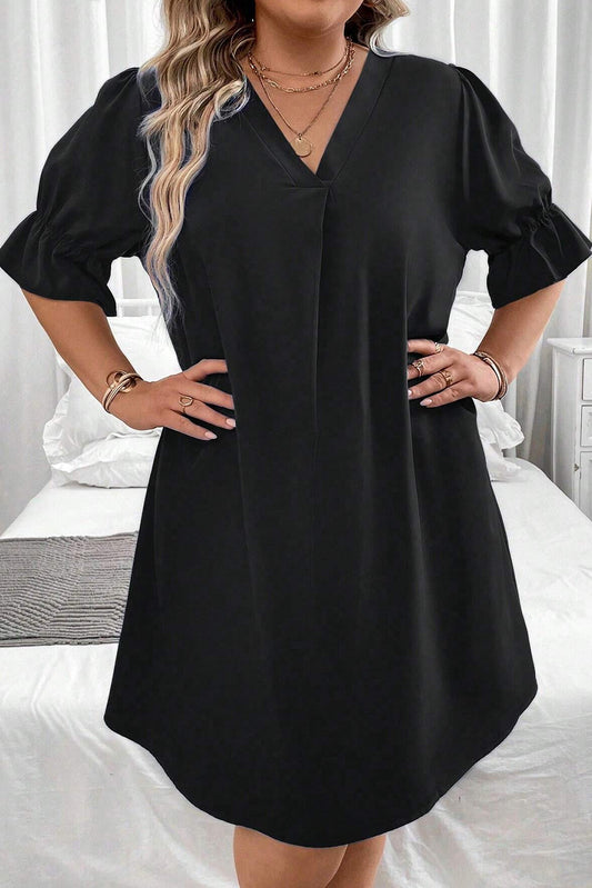 Plus Size Mini Dress with Ruffled Puff Sleeves