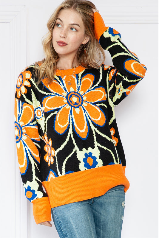Citrus Floral Print Contrast Ribbed Trim Knit Sweater