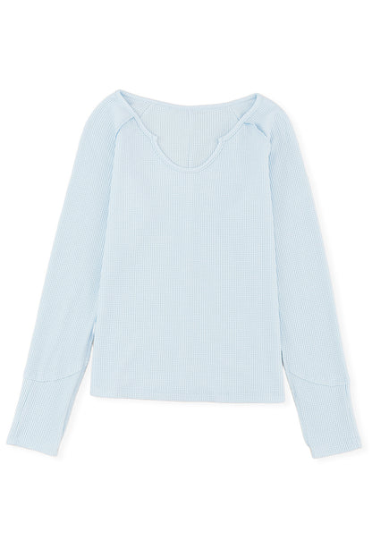 Sky Blue Mineral Wash Long Sleeve Waffle Knit Top