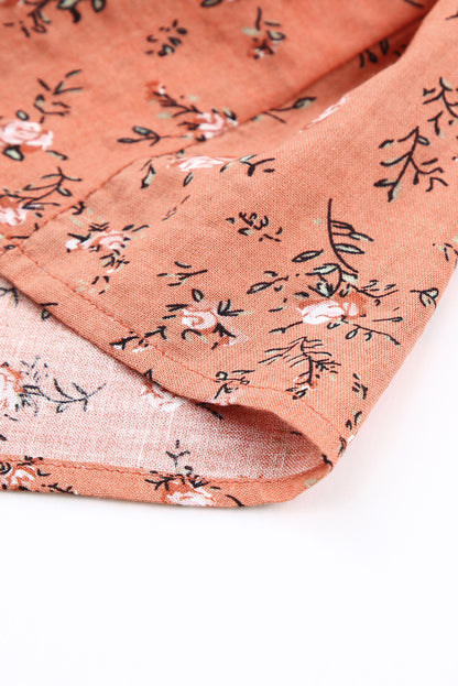 Khaki Floral Print Casual Smocked Ruffle Sleeveless Shirt