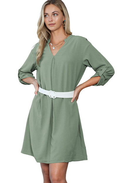 Green Roll Tab Sleeve Notch Neck Boho Tunic Dress