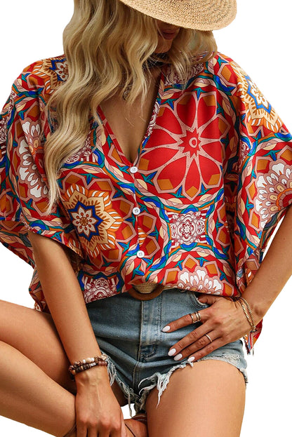 Red Floral Print V Neck Button Decor Batwing Top