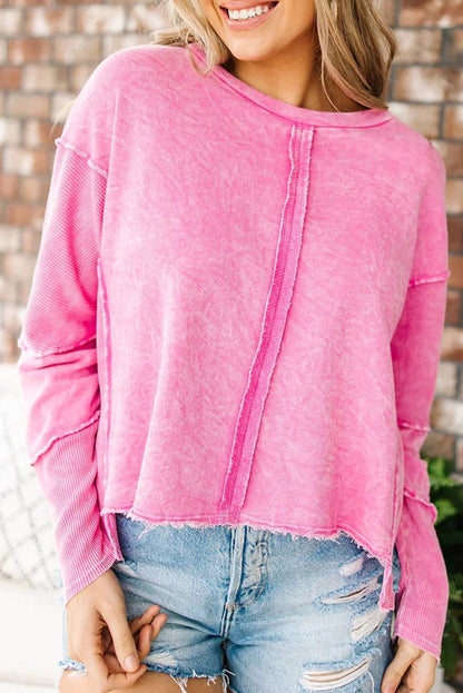Rose Patchwork Long Sleeve Distress Pullover Sweatshirt