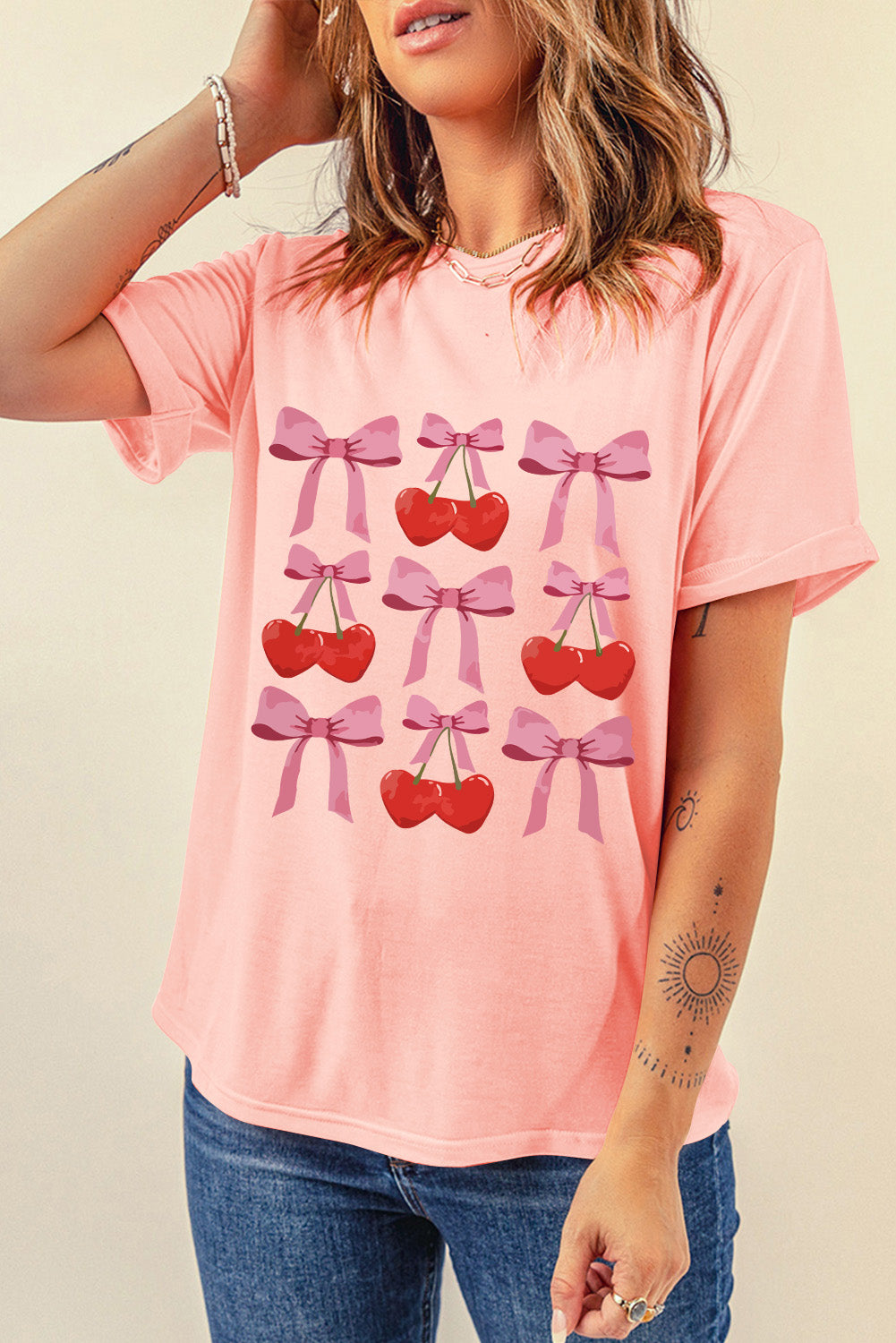 Pink Casual Bow Cherry Graphic Crew Neck T Shirt