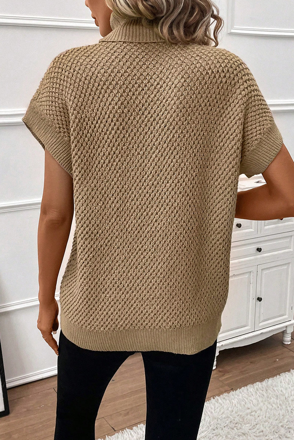 Light Grey Turtleneck Knitted Texture Short Sleeve Sweater