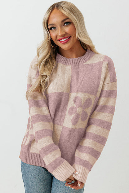 Brown Checkered and Striped Knitted Pullover Sweater