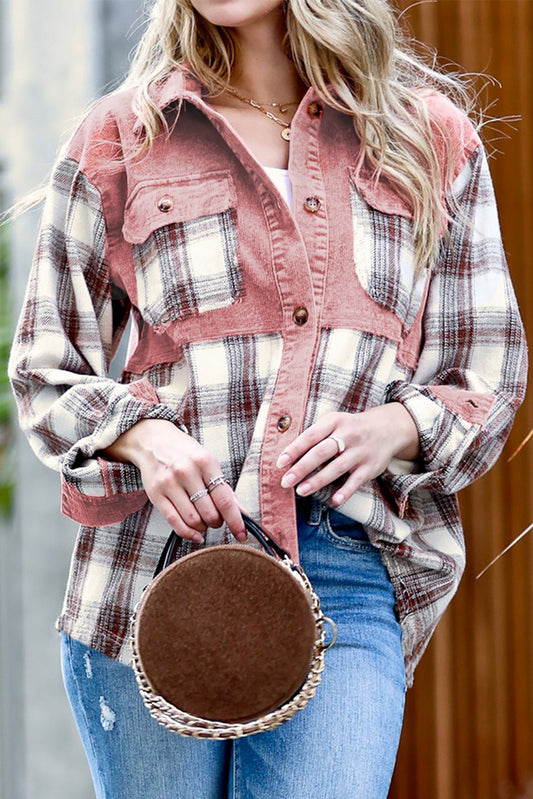 Brown Casual Plaid Colorblock Button Down Shacket