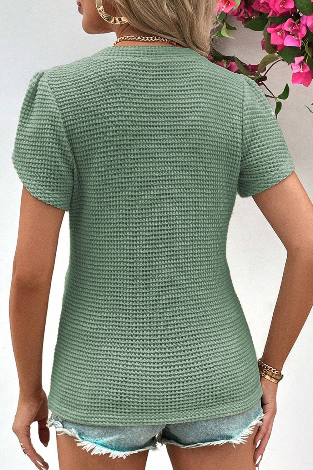 Mist Green Petal Sleeve Waffle Knit V Neck T-Shirt