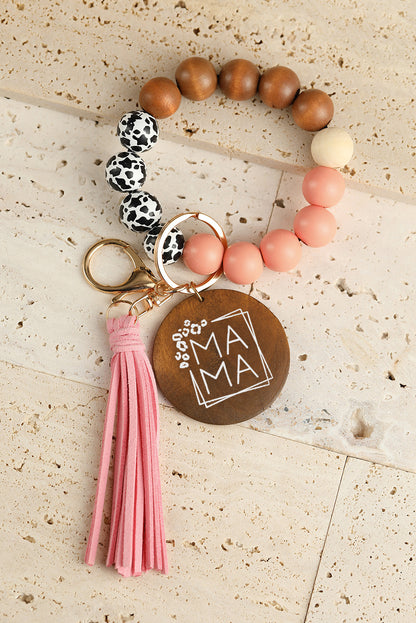 Pink Mama Leopard Wood Beads Fringe Bracelet Keychain