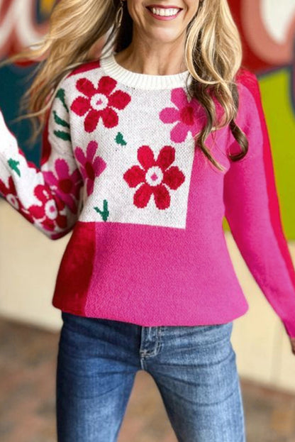Rose Red Floral Colorblock Knitted Sweater
