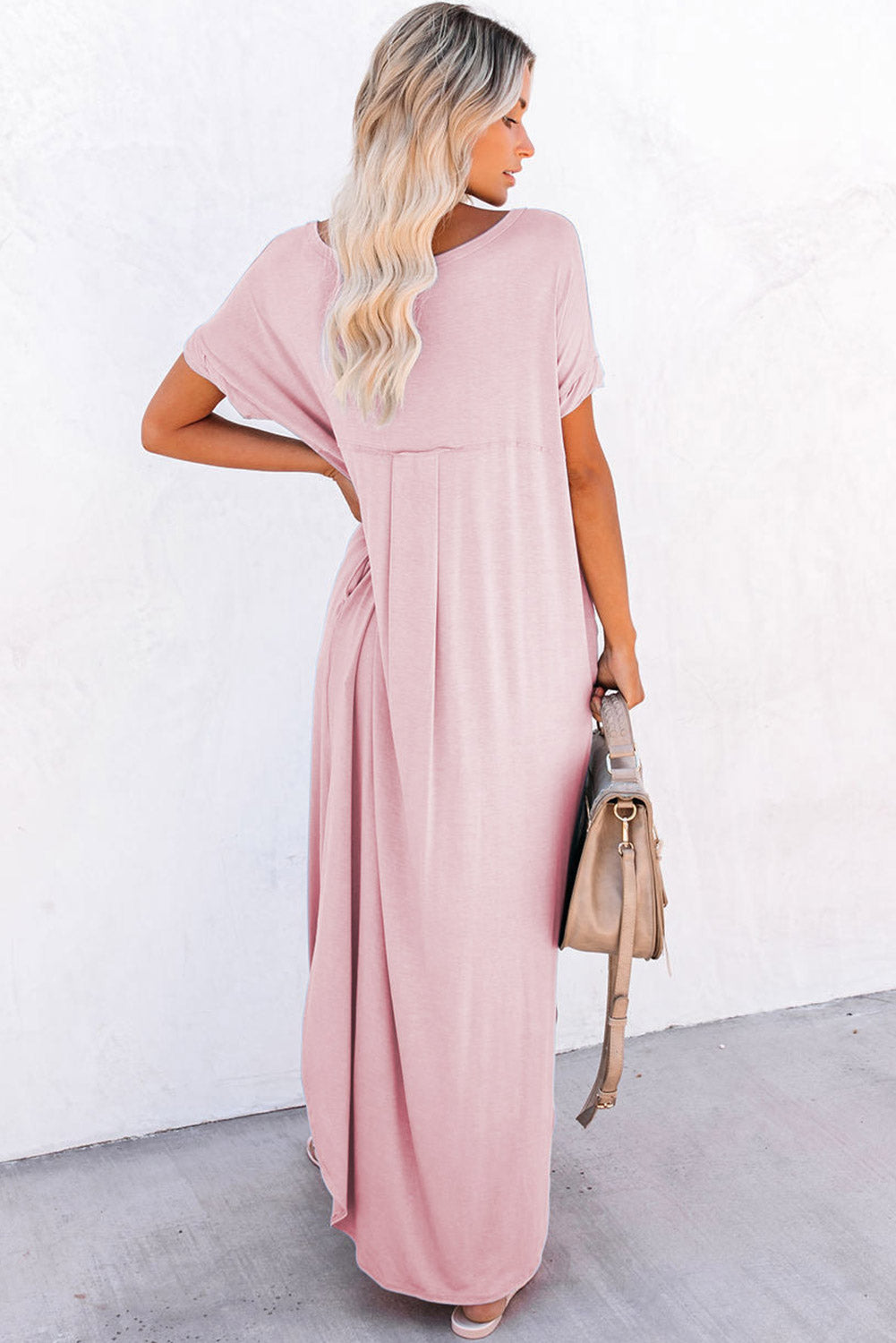 Pink Solid Color Hidden Pocket V Neck Slit Maxi Dress