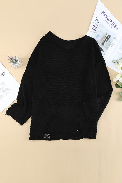 Black Casual Distressed Ripped Crop Knit Sweater