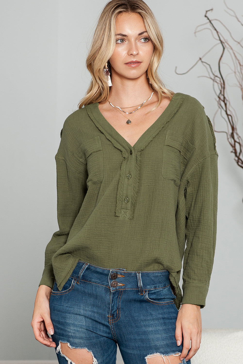 Green Gauze Buttoned V Neck Long Sleeve Shirt with Pockets