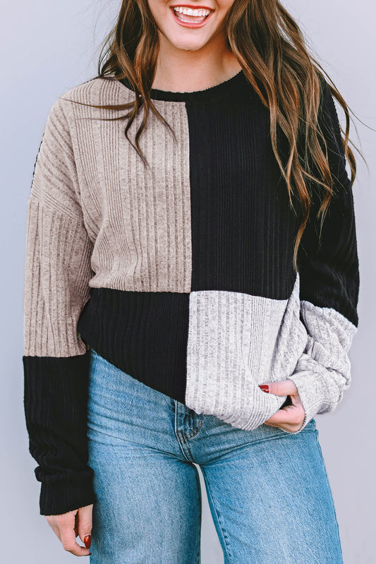 Black Colorblock Textured Knit Long Sleeve Top