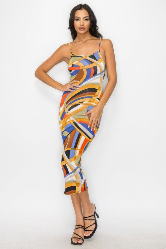Marble Print Multicolor Crossed Back Midi Dress