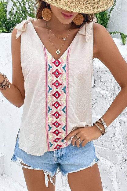 White Floral Embroidered Sleeveless Top