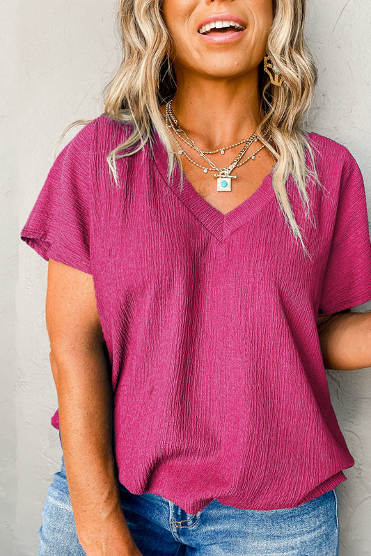 Bright Pink Textured V Neck Plus Size Blouse