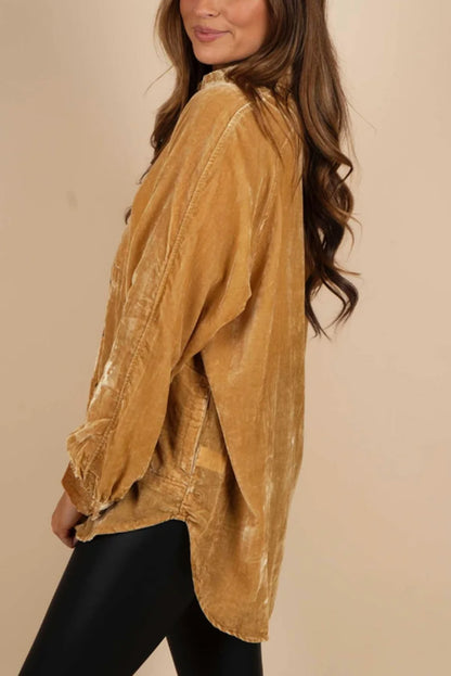Gold Solid Color Long Sleeve Vintage Button Up Shacket