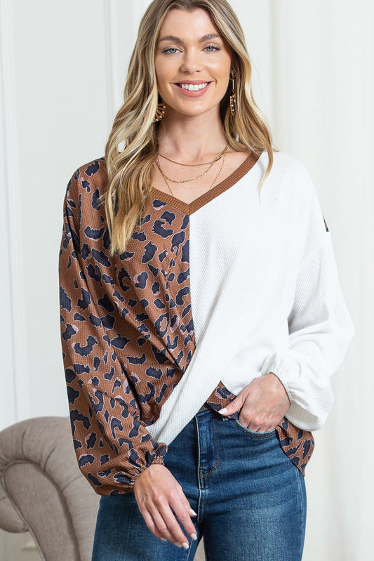 Brown Leopard Patchwork Waffle Knit Top