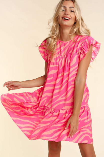 Pink Zebra Print Ruffle Trim Mini Dress
