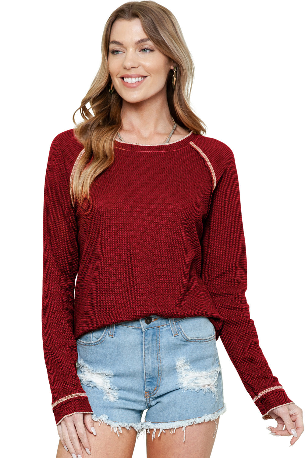 Red Exposed Seam Textured Pullover Long Sleeve Top