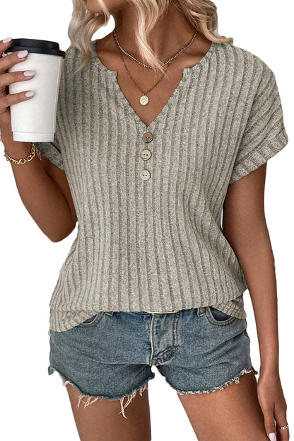 Parchment Ribbed Notched V Neck Button Decor Tee