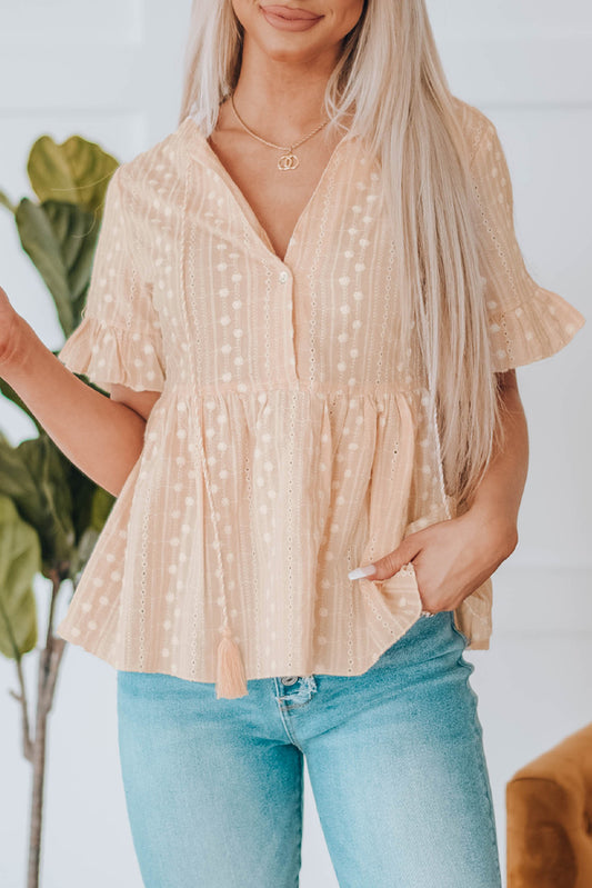 Apricot Casual V Neck Embroidery Eyelet Babydoll Blouse
