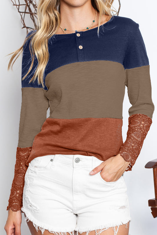 Color Block Ribbed Lace Crochet Sleeves Henley Shirt for Women