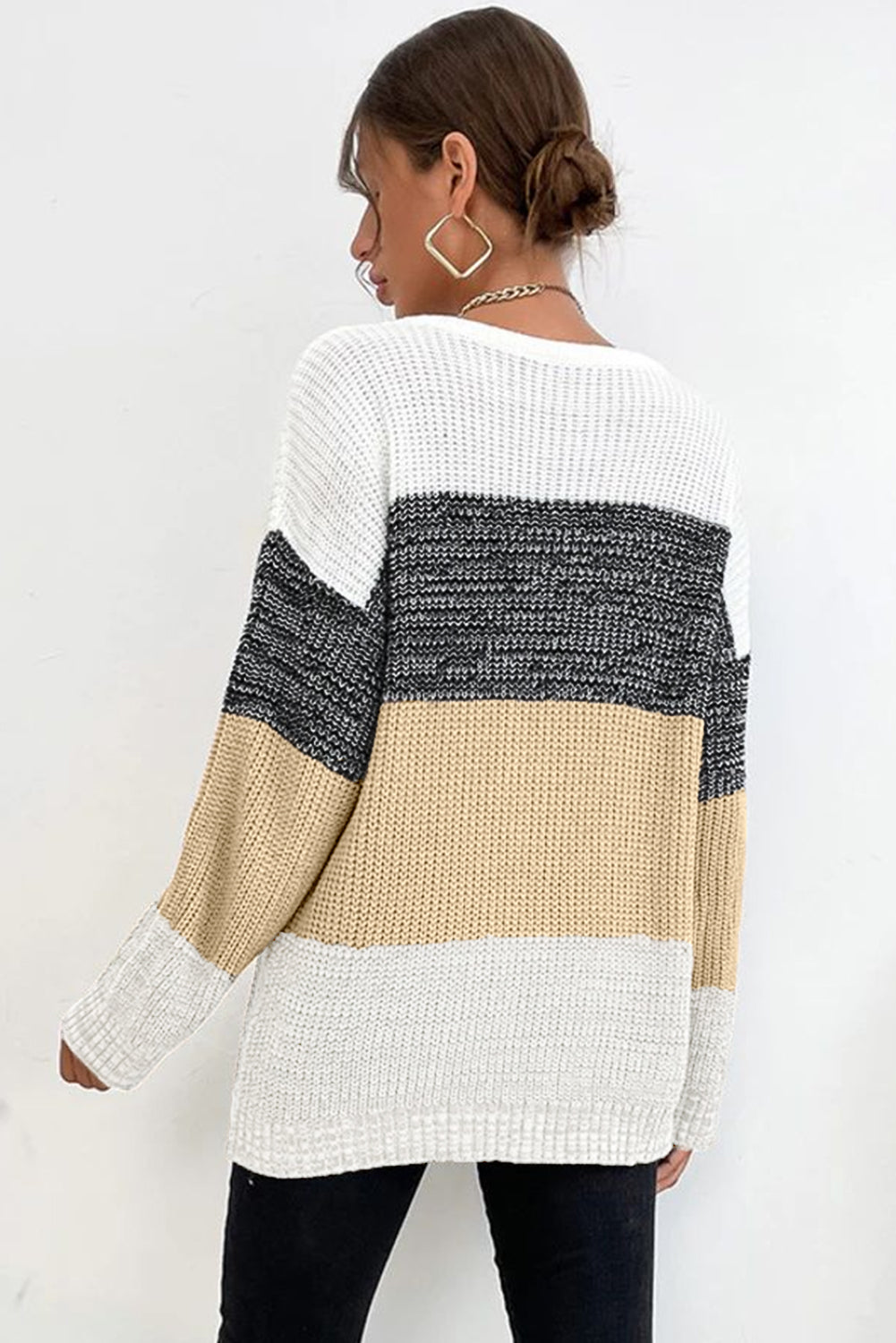 Multicolor Splicing Cable Knit Drop Sleeve Sweater