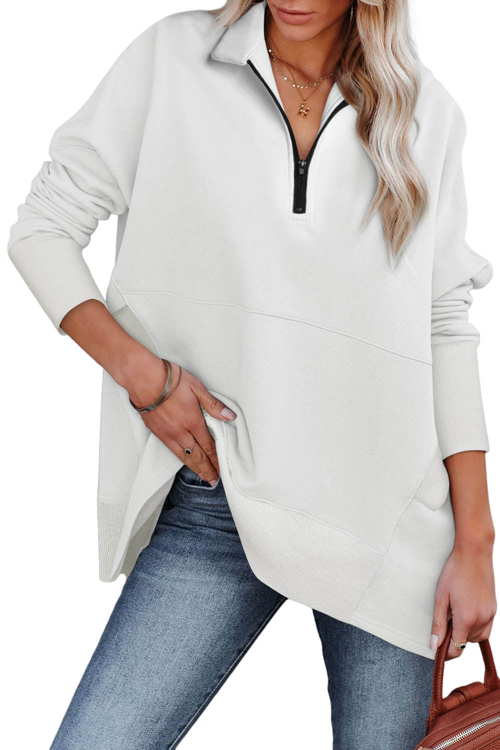 White Oversized Quarter Zip Pullover Sweatshirt