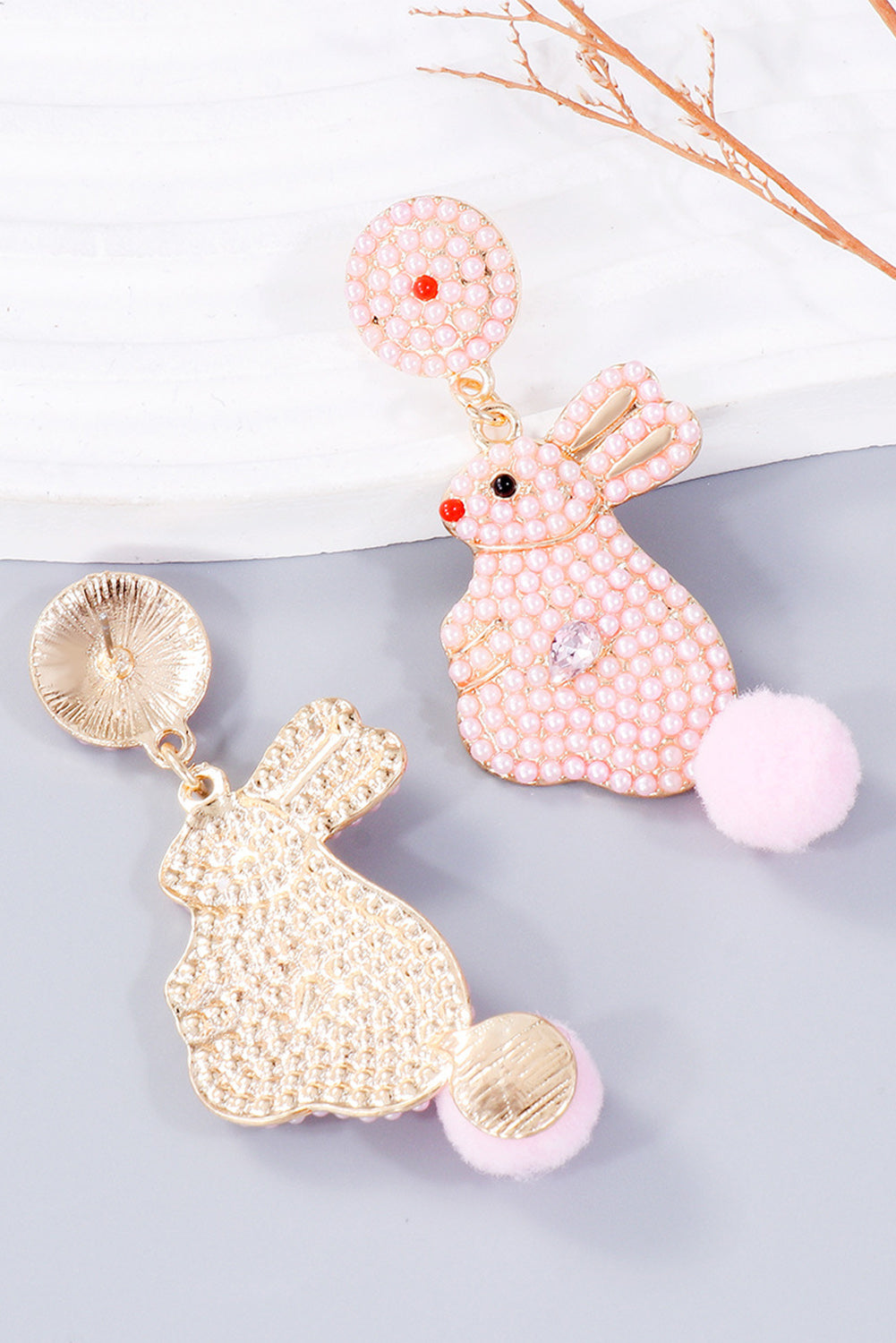 Pink Beaded Rhinestone Easter Rabbit Earrings