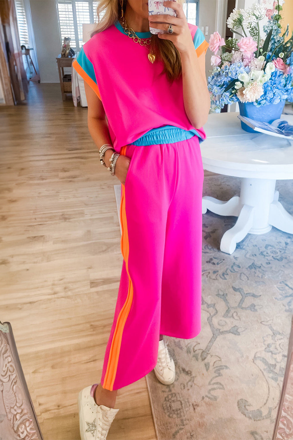Strawberry Pink Cap Sleeve Tee and Wide Leg Pants Set
