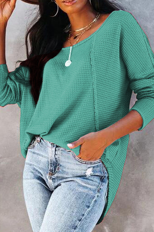 Green Waffle Knit Seam Casual Pullover Long Sleeve Top