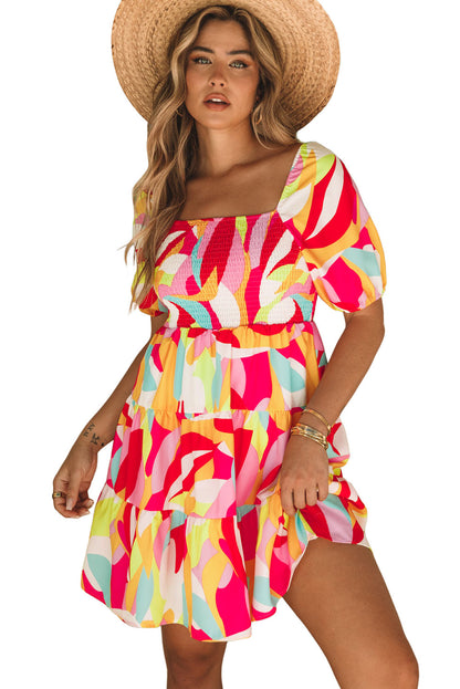 Multicolor Geometric Print Smocked Babydoll Short Dress