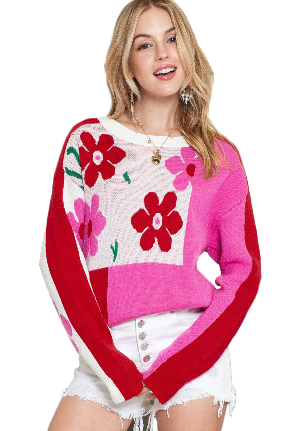 Rose Red Floral Colorblock Knitted Sweater