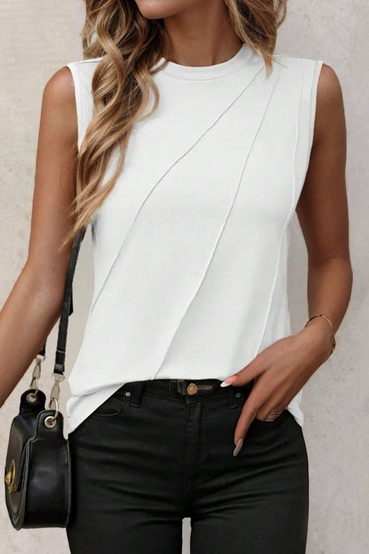 White Solid Color Crew Neck Pleated Tank Top