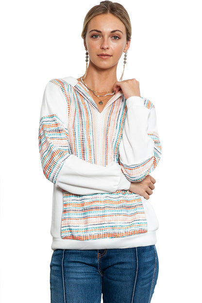 Multicolor V Neck Pullover Hoodie with Kangaroo Pocket