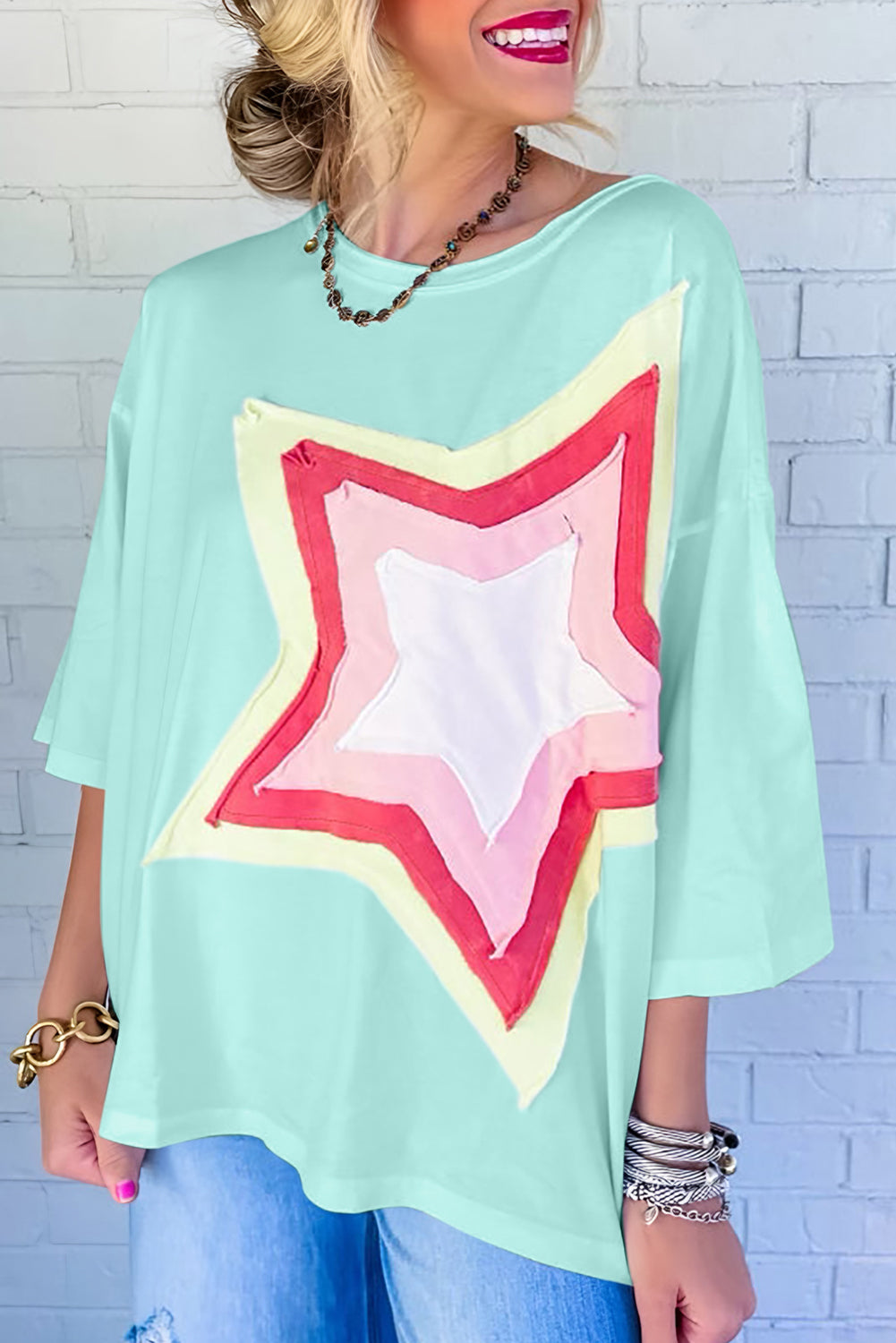 Light Pink Star Patch Colorblock Tee