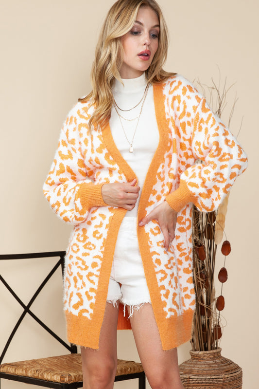 Apricot Leopard Print Open Front Mohair Long Cardigan