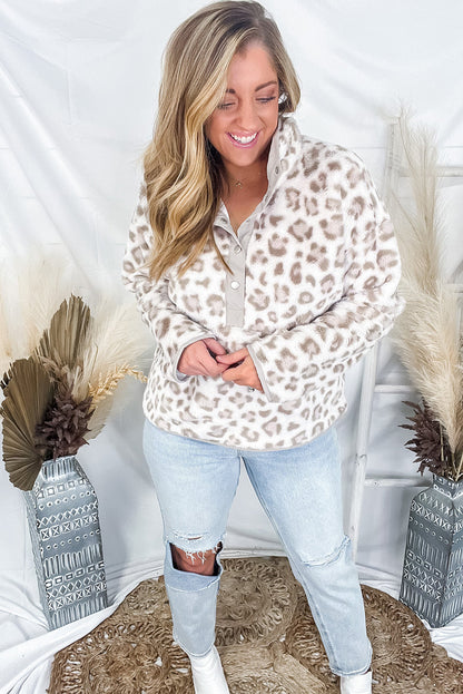 Leopard Fleece Snap Button Henly Pullover Sweatshirt
