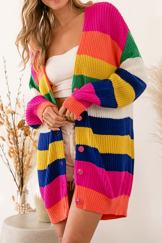 Multicolor Striped Print Button Front Knitted Cardigan