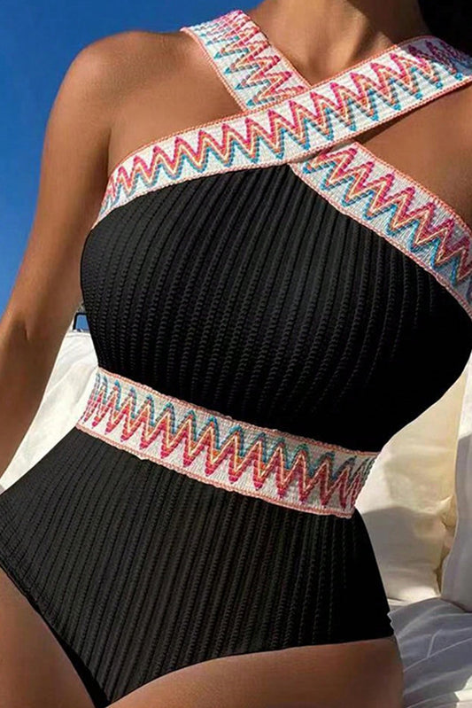 Black Contrast Cross Straps Textured One Piece Swimsuit