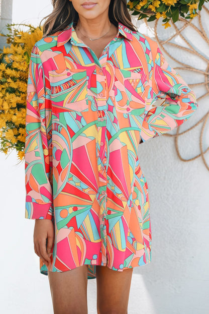 Multicolor Abstract Print Long Sleeve Shirt Dress