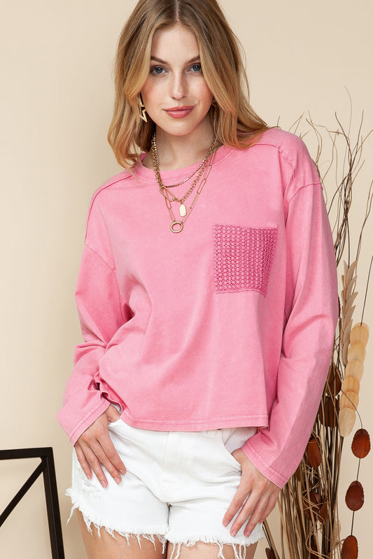 Pink Lace Patch Pocket Long Sleeve Shirt