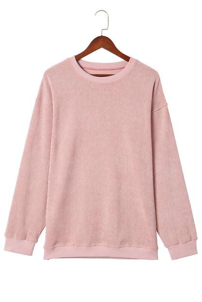 Pink Solid Ribbed Round Neck Pullover Sweatshirt