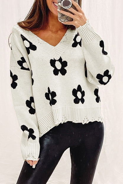 Beige Floral Print Knitted V Neck Distressed Sweater