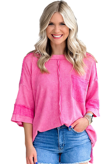 Bright Pink Crinkle Patchwork Corded Drop Sleeve Baggy Top